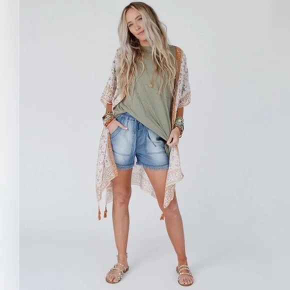 Camel Ditsy Floral Paisley Kimono Open Wrap Coverup Top One Size - Picture 3 of 5